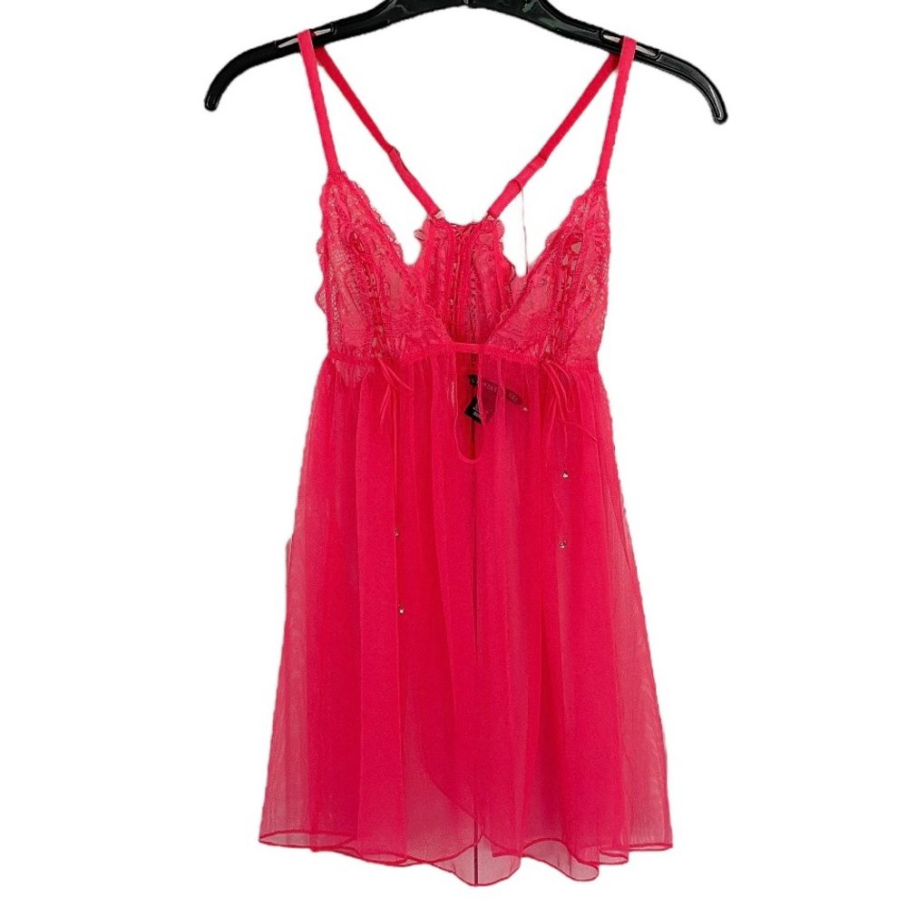 Victoria’s Secret Neon Pink Sheer Lace Babydoll Slip Sz Medium Intimates